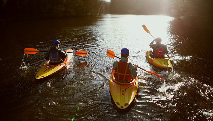 Three people kayaking on an open river